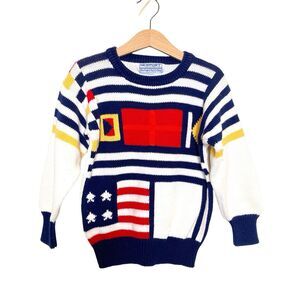 Vintage 80s Newport Youth M Knit Cotton Flags Sweater White Red Blue Patriot